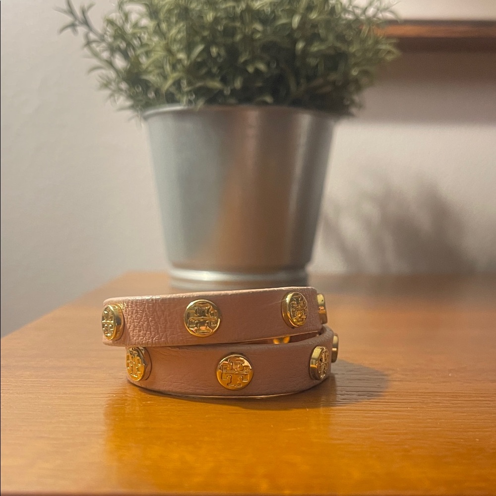 Tory Burch Pink/Gold Leather Wrap Around Bracelet